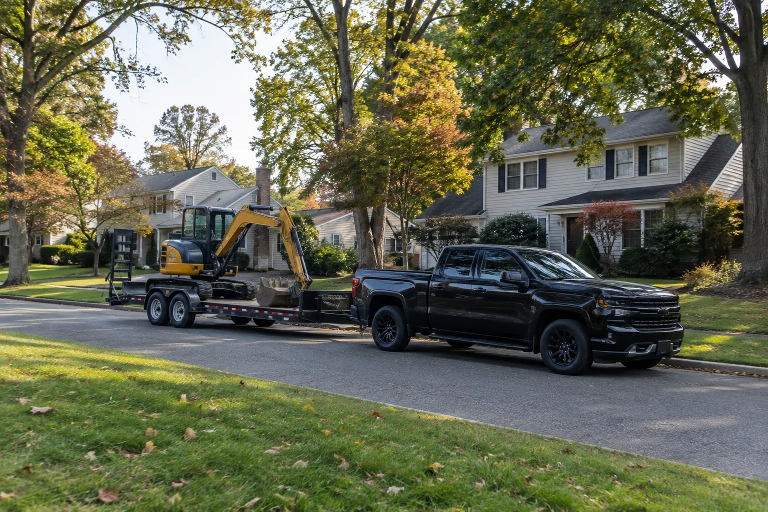 Truck and excavator trailer for oil tank removal on a North Jersey street