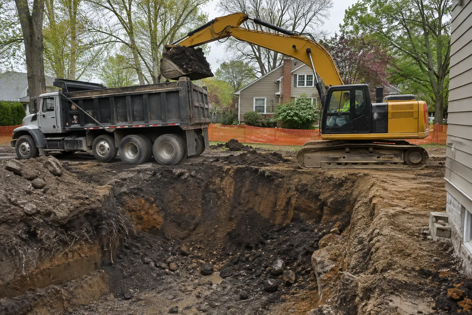 Excavator removing oil-impacted soil during remediation at a New Jersey home