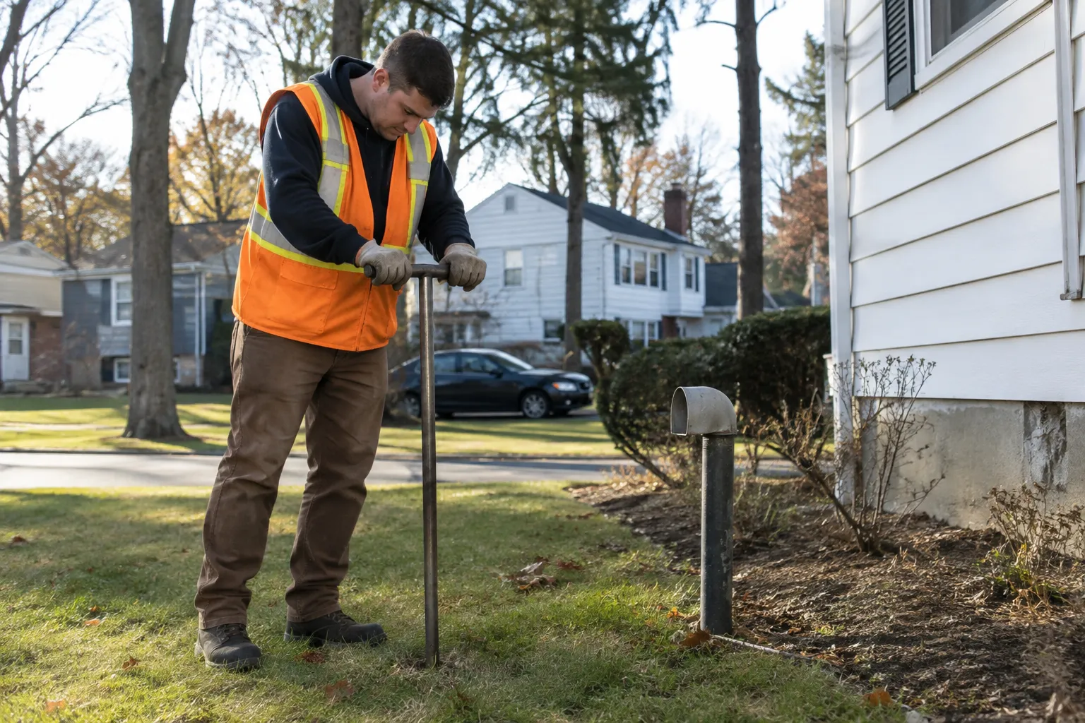 Technician taking a soil sample beside a buried oil tank fill pipe in New Jersey
