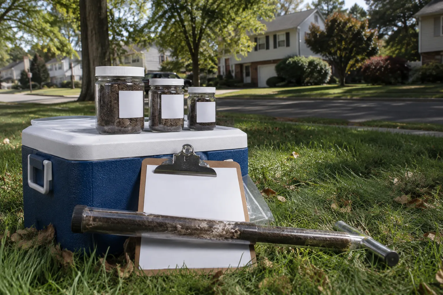 Soil sample jars and core tube from oil tank soil testing