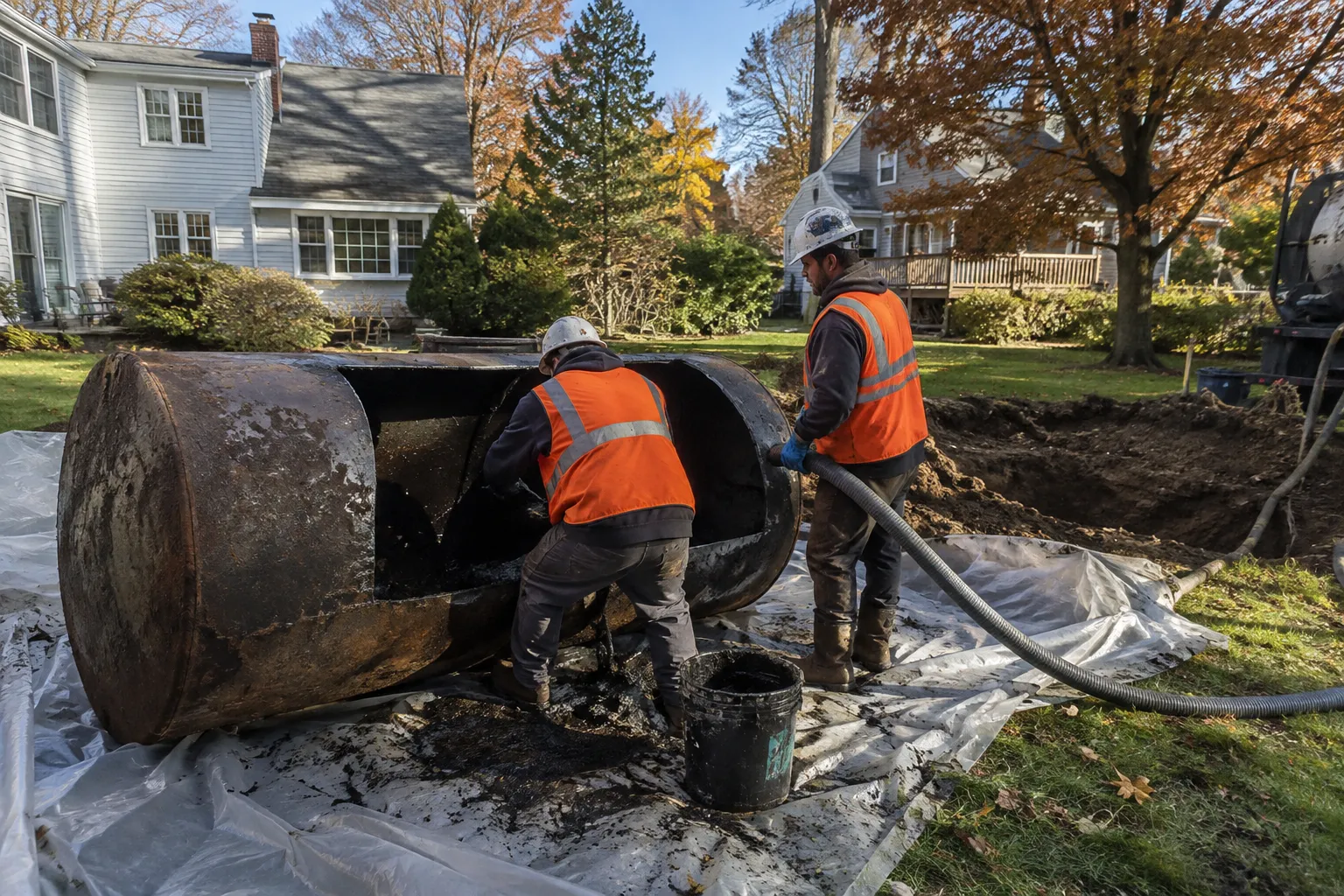 Crew cleaning an opened heating oil tank before disposal