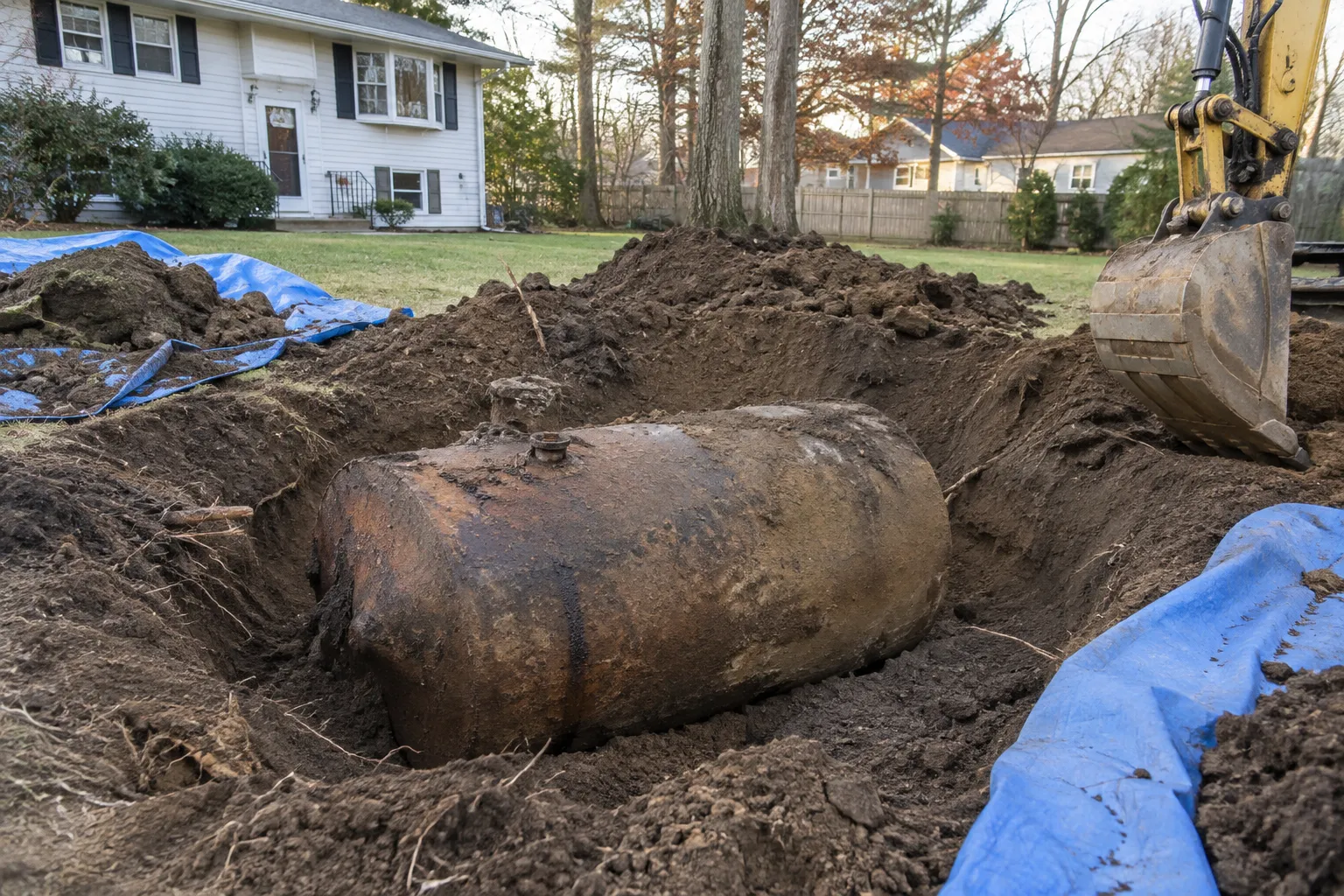 Rusty underground oil tank exposed in an excavation in a New Jersey backyard
